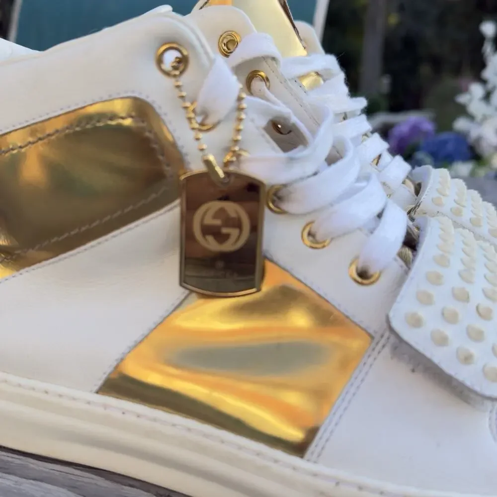 Gucci Shoes Men's 11 High-Top Gold & White Leather Studded Strap Limited Edition